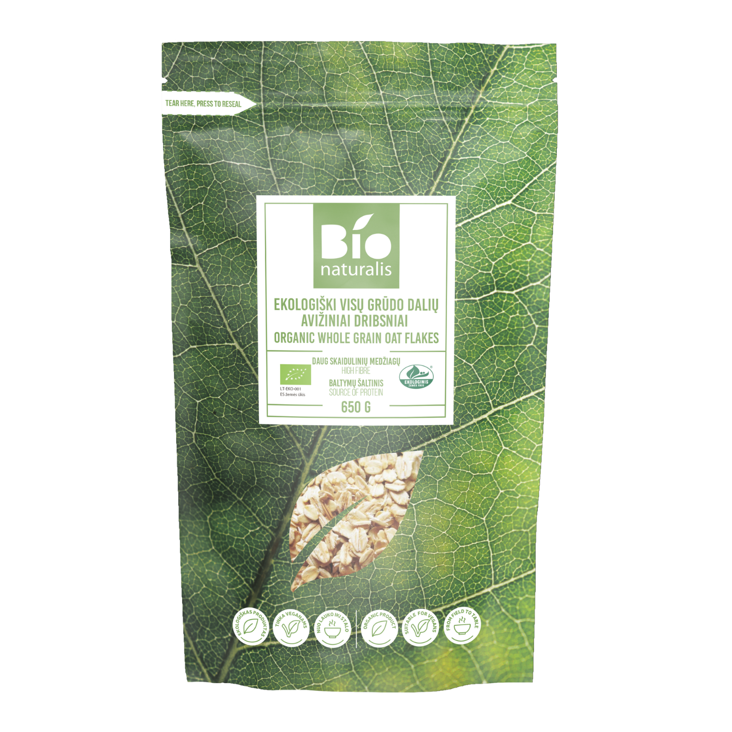 Ekologiški visų grūdo dalių avižiniai dribsniai BIONATURALIS, 650 g